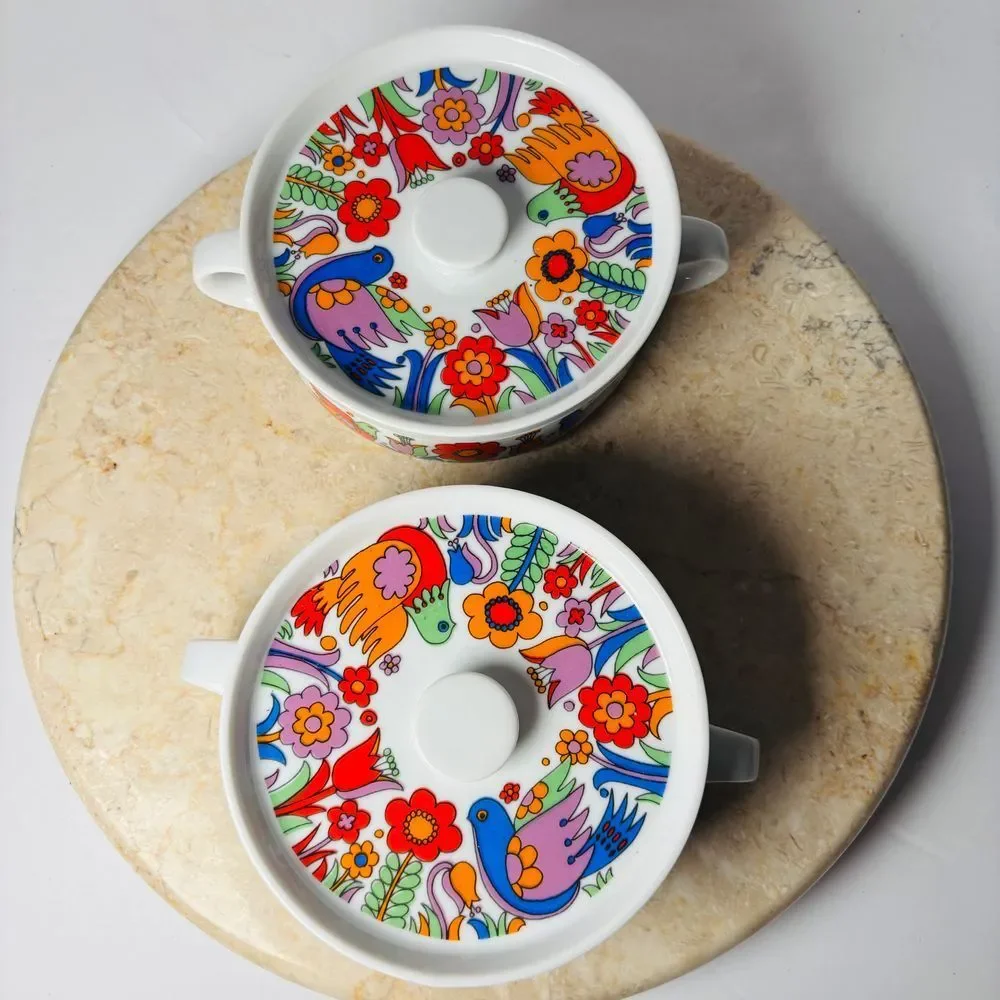 3 Vintage Crown Royal Porcelain Paradise Pattern Bowl & Lid Oven proof 3697‎